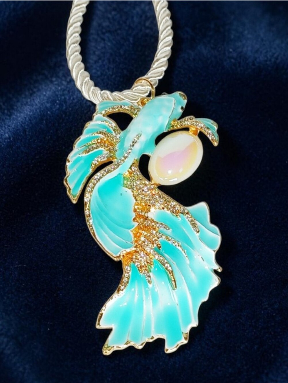White Cord Necklace Blue Koi Fish Charm Coastal Glam Mermaidcore Sirencore MCM